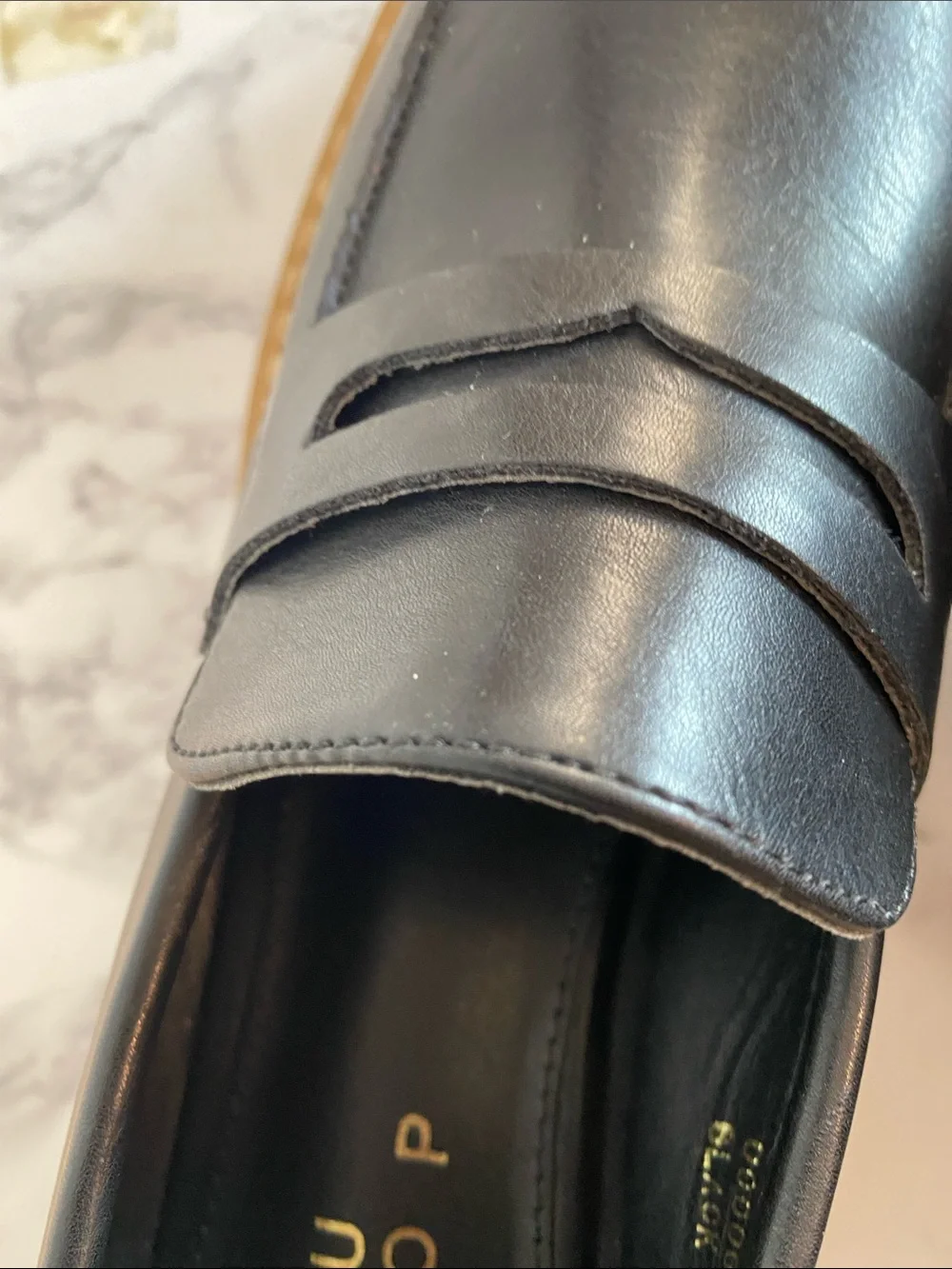 ShuShop Black Leather Platform Penny Loafers with Tan Sole Size 8.5 Chunky Block